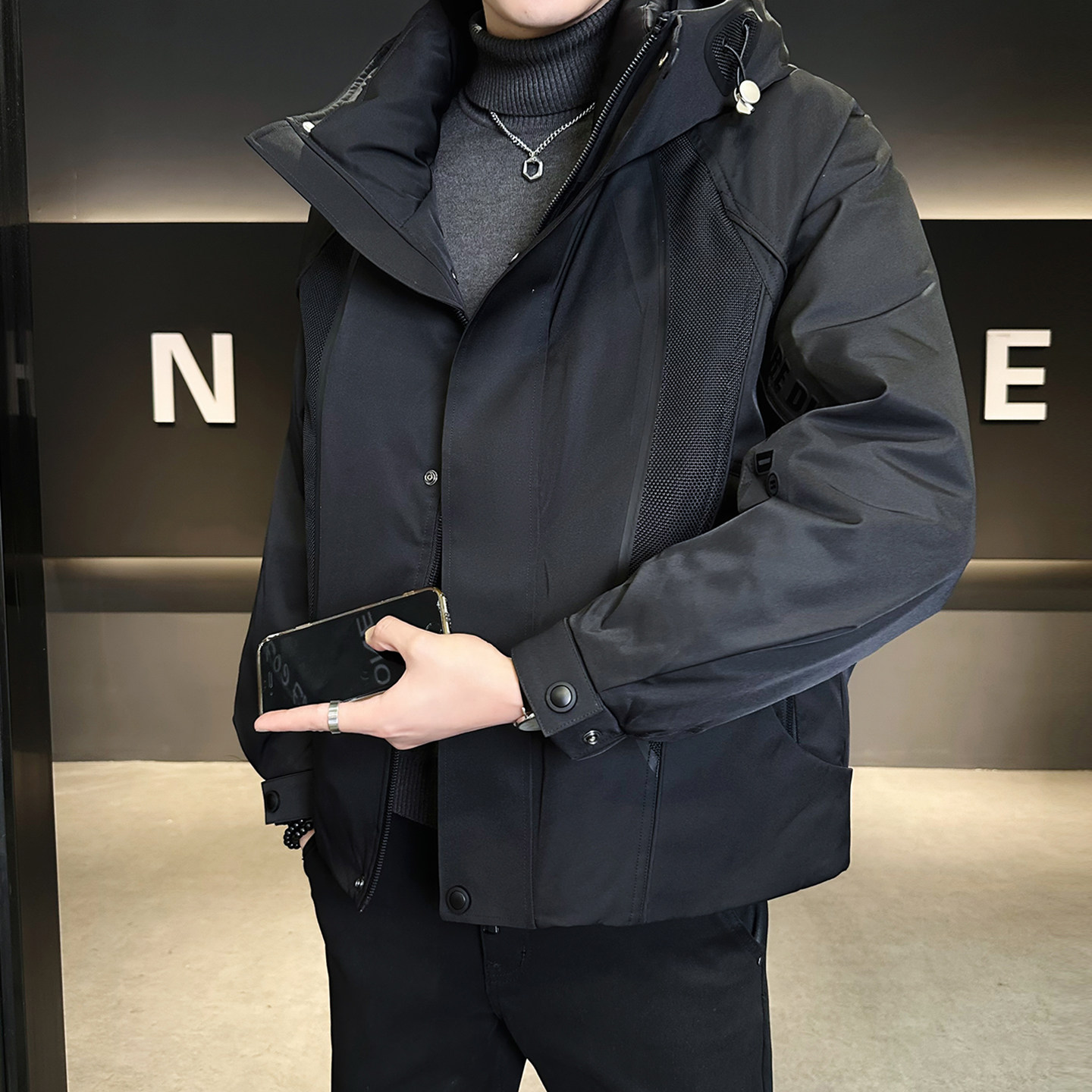 正品90鹅绒男士羽绒服男冬季轻薄款保暖防寒服户外痞帅拼接外套男