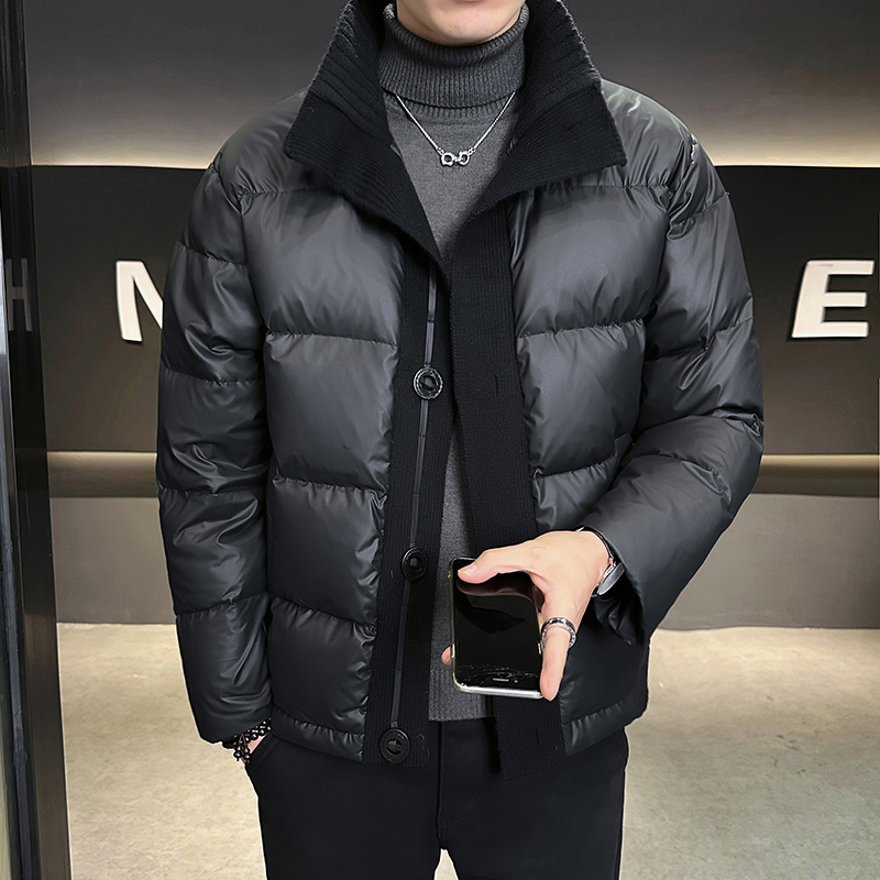 男士羽绒服冬季2025新款潮牌针织拼接短款90白鸭绒防寒服外套男潮