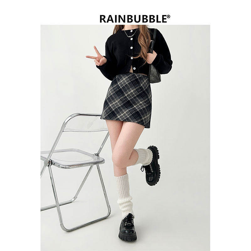 卡其色毛呢短裙女秋冬2026年新款高腰a字半身裙小个子格子包臀裙