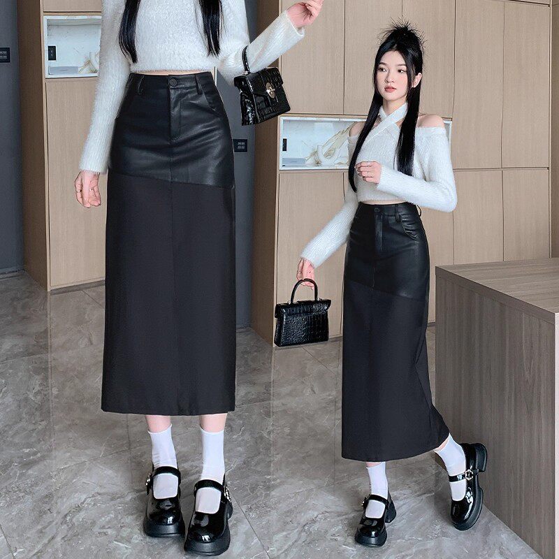 PU皮裙半身裙女秋冬中长裙子2025冬季新款大码女装高腰一步a字裙