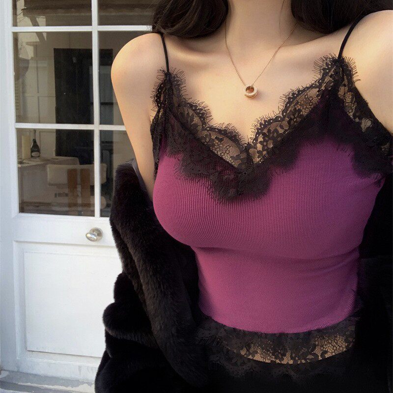 法式气质别致绝美蕾丝拼接吊带小背心无袖打底衫带胸垫内搭上衣女