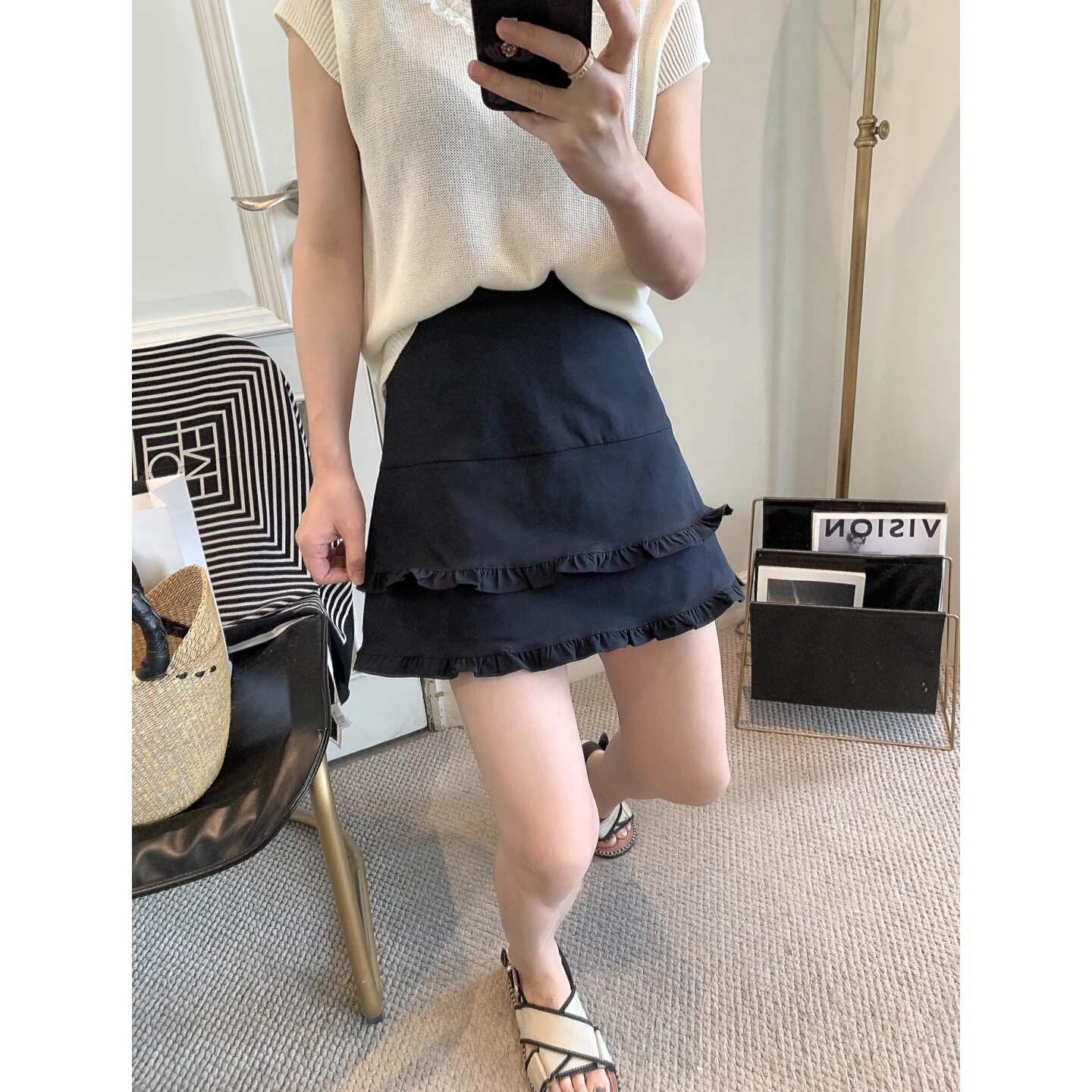 藏青色木耳边半身裙女高腰大码夏季新款荷叶边裙裤显瘦a字短裙子