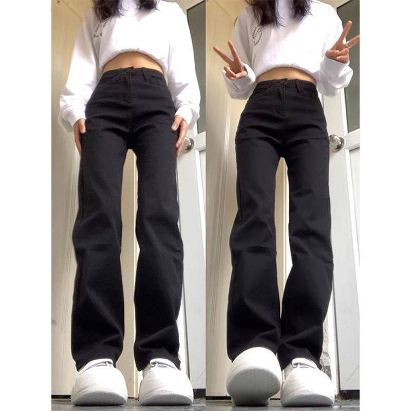 黑色长裤窄版直筒牛仔裤女春夏高腰显瘦修身弹力百搭烟管堆堆裤子