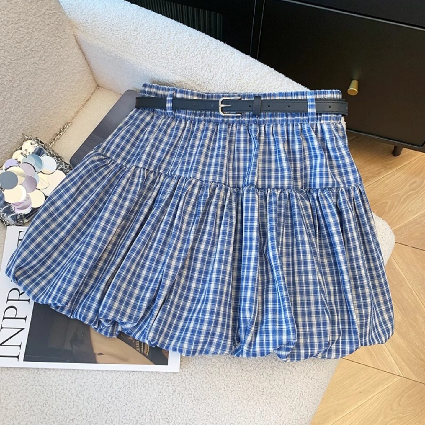 胖mm韩系复古格子花苞半身裙秋季甜美减龄蓬蓬短裙子学院风a字裙
