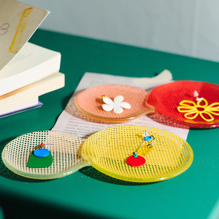 韩国Eding彩色方格复古耐热玻璃托盘餐盘家用玻璃水果盘