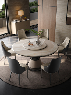 意式轻奢家用圆桌带转盘高级感现代简约设计师款微晶石大理石餐桌