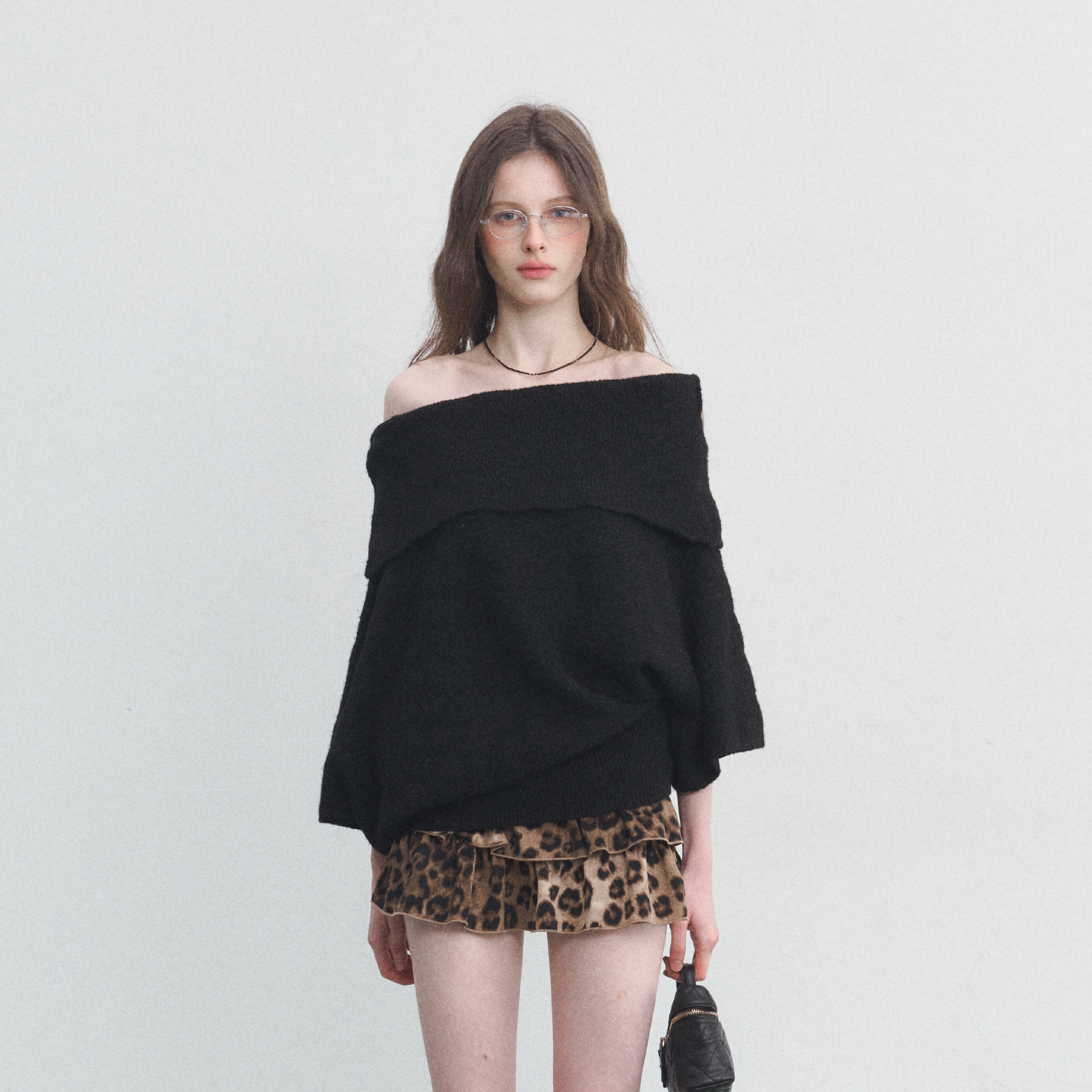 SPEAR YOUTH“柏林迷雾”羊毛驳纹一字肩不规则针织衫七分袖毛衣