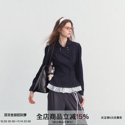 双排扣打褶收腰衬衫通勤拼接上衣