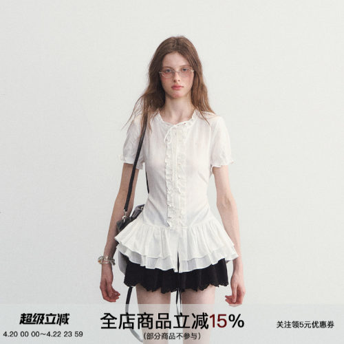 SPEAR YOUTH“小夏日和”纯白荷叶边拼接上衣韩系收腰短袖T恤衬衫