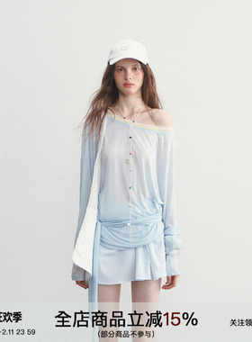 SPEAR YOUTH“赶一场海”莱赛尔天丝长袖t恤韩系微透斜肩系带上衣