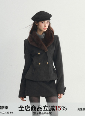 SPEAR YOUTH“old-time”羊毛毛呢外套可拆卸毛领排扣西装棉服