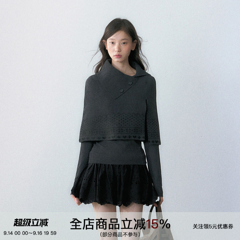 SPEAR YOUTH&ldquo;首尔手册&rdquo;斗篷两件套长袖打底衫斜翻领修身针织衫