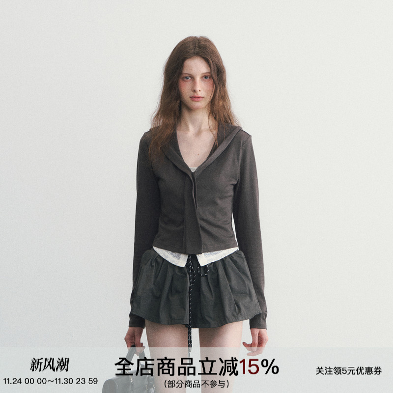 假两件蕾丝外套修身海军领长袖