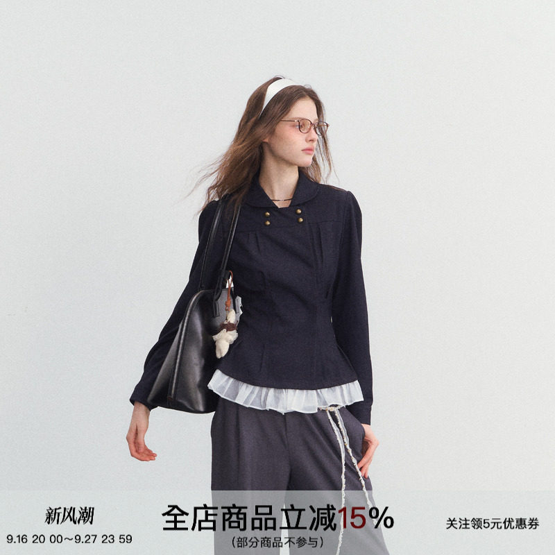 双排扣打褶收腰衬衫通勤拼接上衣