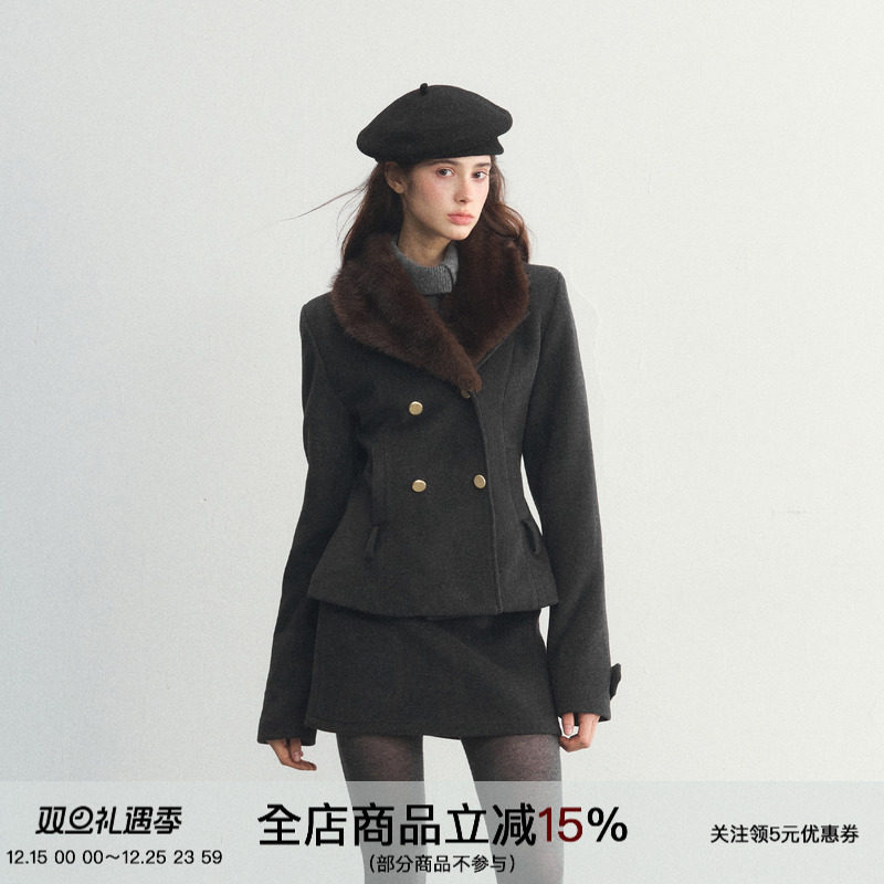 两件套夹棉可拆卸毛领毛呢外套