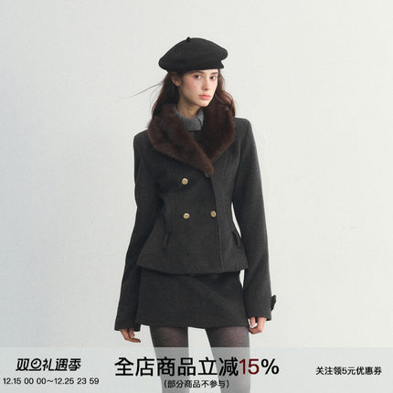 SPEAR YOUTH“old-time”羊毛毛呢外套可拆卸毛领排扣西装棉服