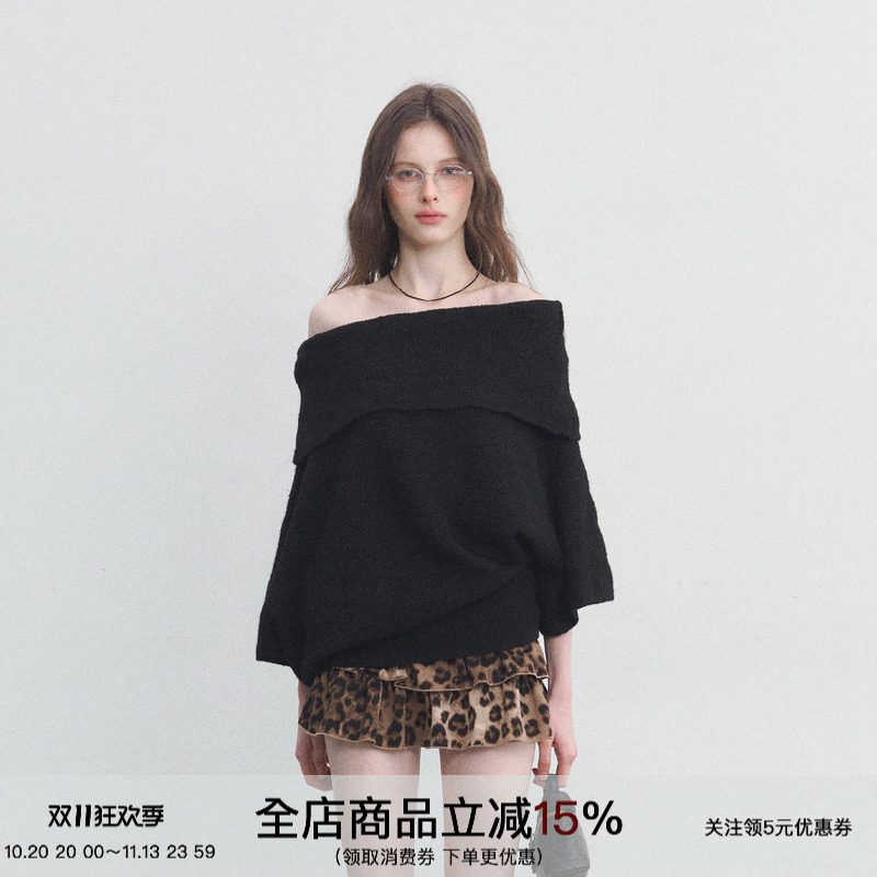 SPEAR YOUTH“柏林迷雾”羊毛驳纹一字肩不规则针织衫七分袖毛衣