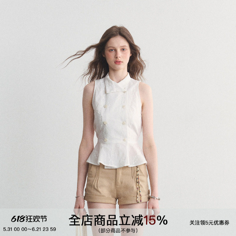 SPEAR YOUTH“南法庄园”纯棉碎花刺绣无袖挂脖衬衫收腰t恤衬衣
