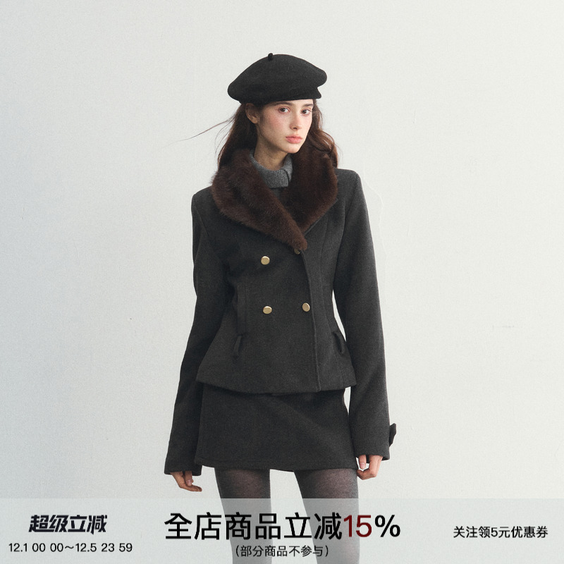 两件套夹棉可拆卸毛领毛呢外套