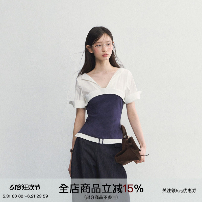 SPEAR YOUTH“冰川情书”蓝白拼接撞色v领短袖高弹收腰衬衫上衣