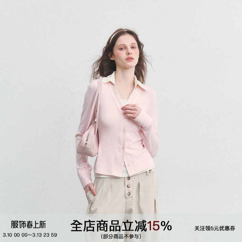 SPEAR YOUTH&ldquo;浪漫存档&rdquo;假两件收腰v领打底撞色拼接修身衬衫上衣