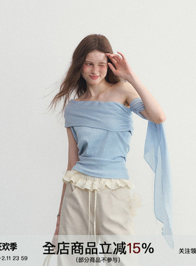 SPEAR YOUTH“扑面而来”原创飘带一字肩针织短袖t恤修身显瘦上衣