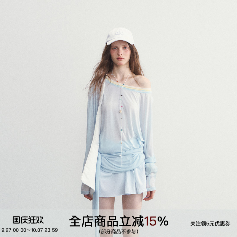 SPEAR YOUTH“赶一场海”莱赛尔天丝长袖t恤韩系微透斜肩系带上衣