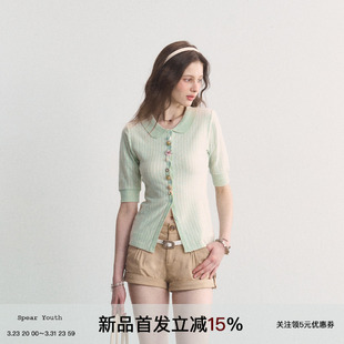 收腰少女t恤短袖 SPEAR 陶瓷扣荷叶领条纹针织衫 浆果手札 YOUTH