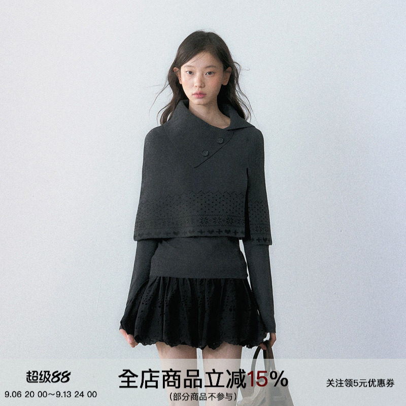 SPEAR YOUTH&ldquo;首尔手册&rdquo;斗篷两件套长袖打底衫斜翻领修身针织衫
