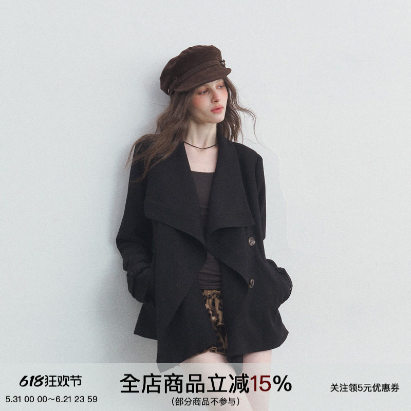 SPEAR YOUTH“校阅女孩”羊毛荷叶大翻领西装风衣外套古早风上衣