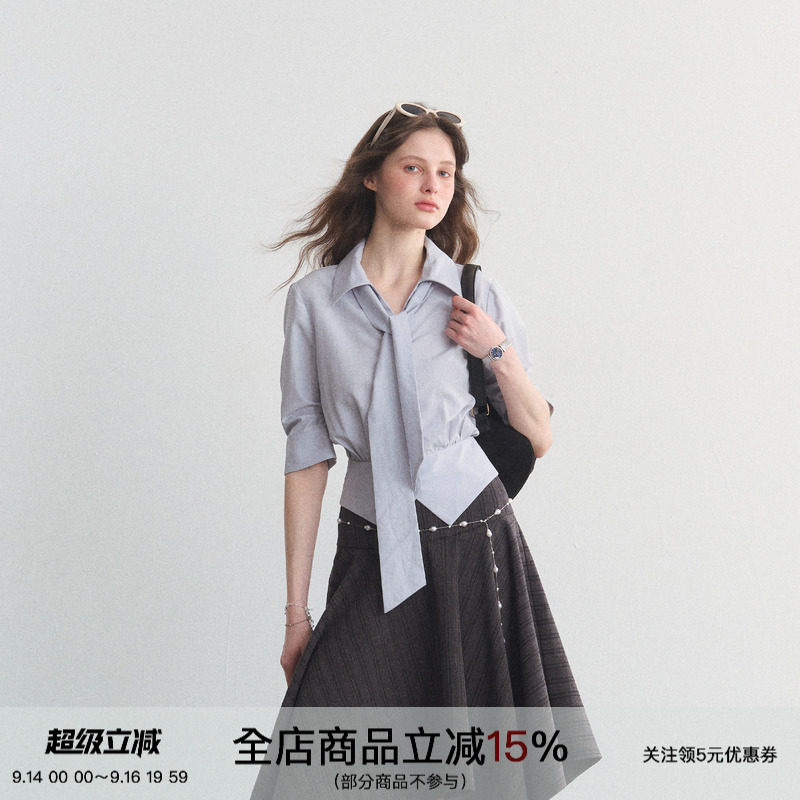 通勤天丝亚麻收腰系带短袖衬衫