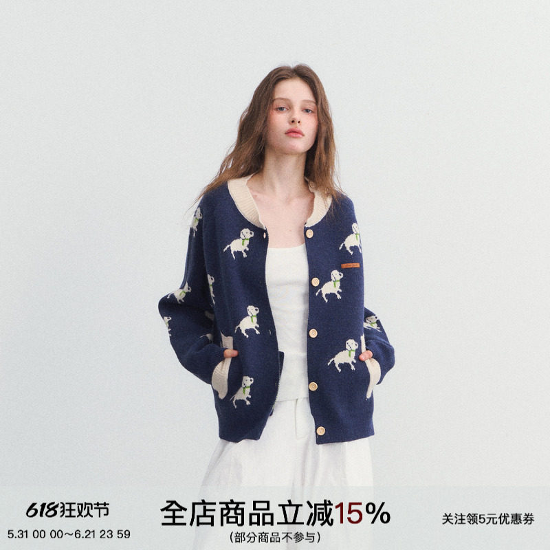 SPEAR YOUTH“狗狗童话镇”厚织小狗提花针织衫满印休闲开衫毛衣