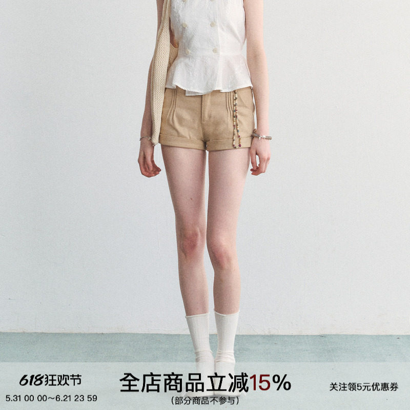 SPEAR YOUTH“零缺点”卡其色工装翻边休闲裤中腰百搭显瘦短裤