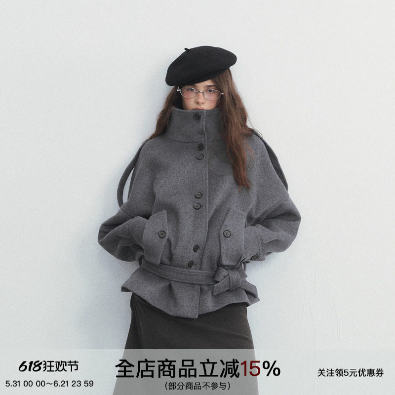 SPEAR YOUTH“松间步月”50%羊毛绑带收腰大衣加厚立领外套上衣冬