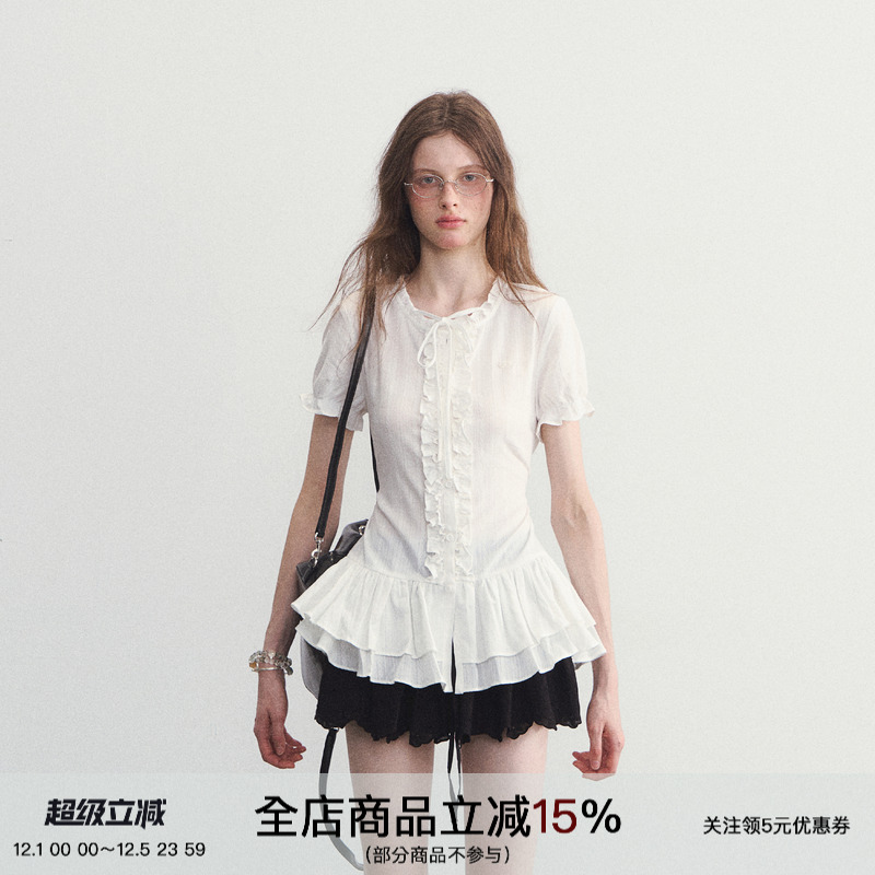 SPEAR YOUTH“小夏日和”纯白荷叶边拼接上衣韩系收腰短袖T恤衬衫