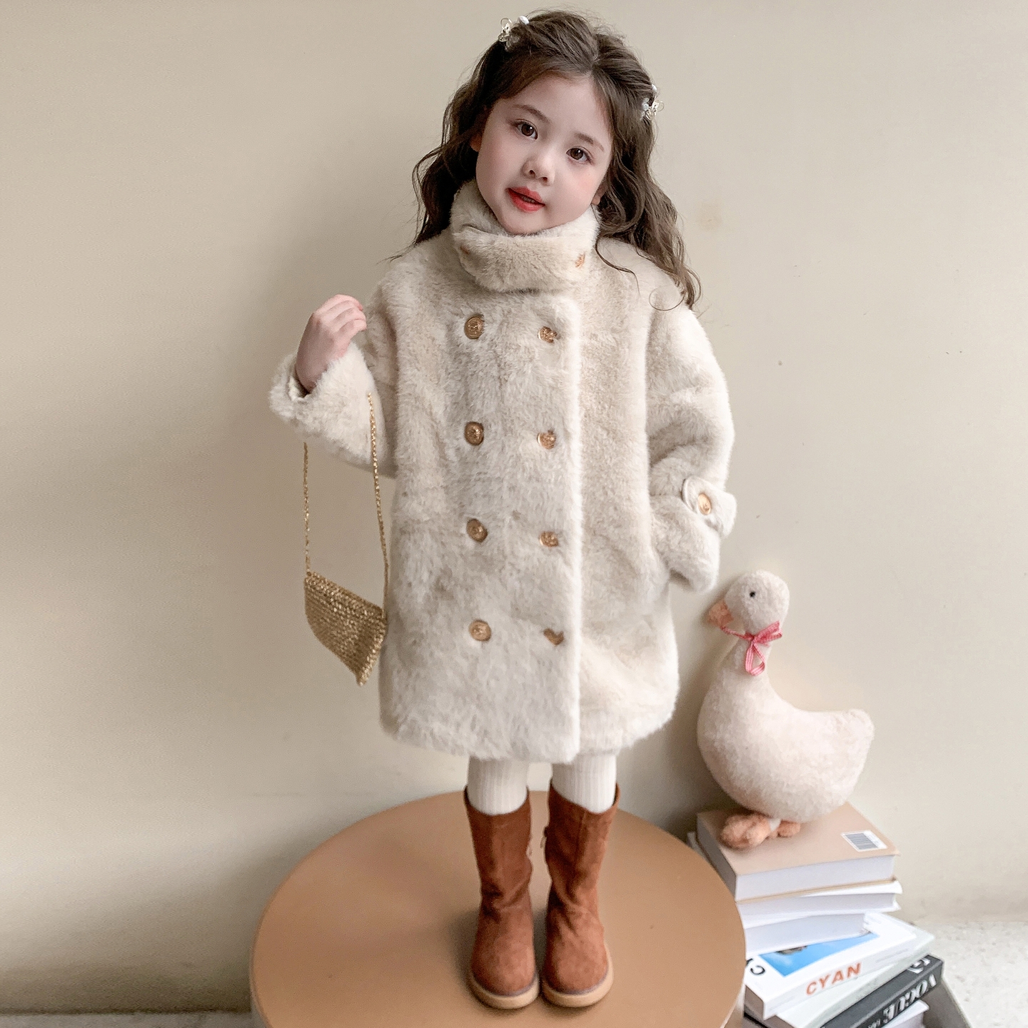 女童秋冬款仿皮草中长款外套