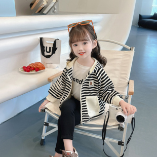 洋气时髦童装 女童春装 女宝宝条纹连帽上衣2025新款 儿童外套春秋款