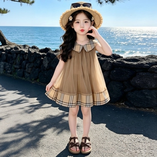 女童夏季连衣裙2026新款女宝宝娃娃领格子拼纱裙子儿童夏装洋气潮