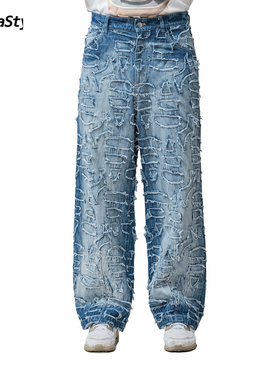 AlphaStyle冬季复古做旧水洗牛仔裤宽松百搭男女款新品时尚潮流