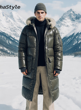 Alphastyle时尚冬季长款连帽羽绒外套鹅绒防风保暖男女同款