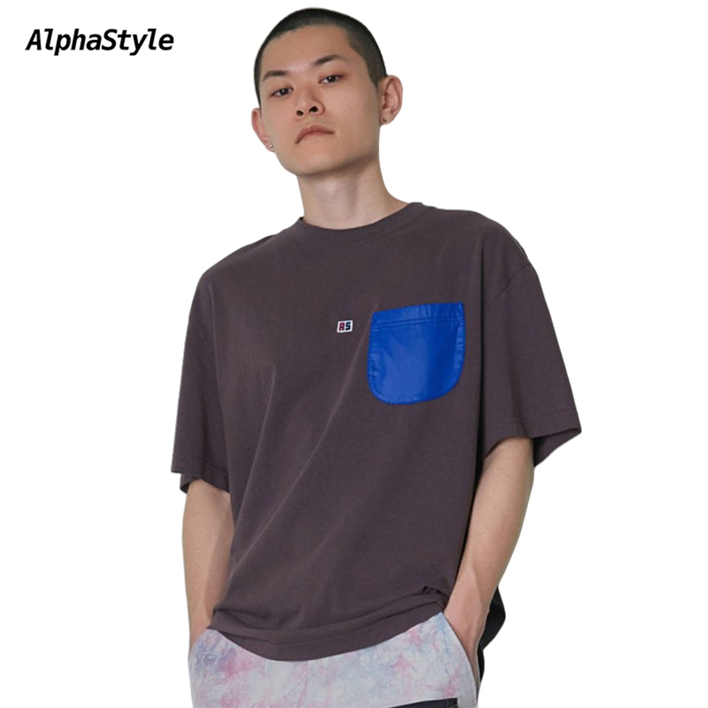 AlphaStyle夏季国潮拼接口袋T恤