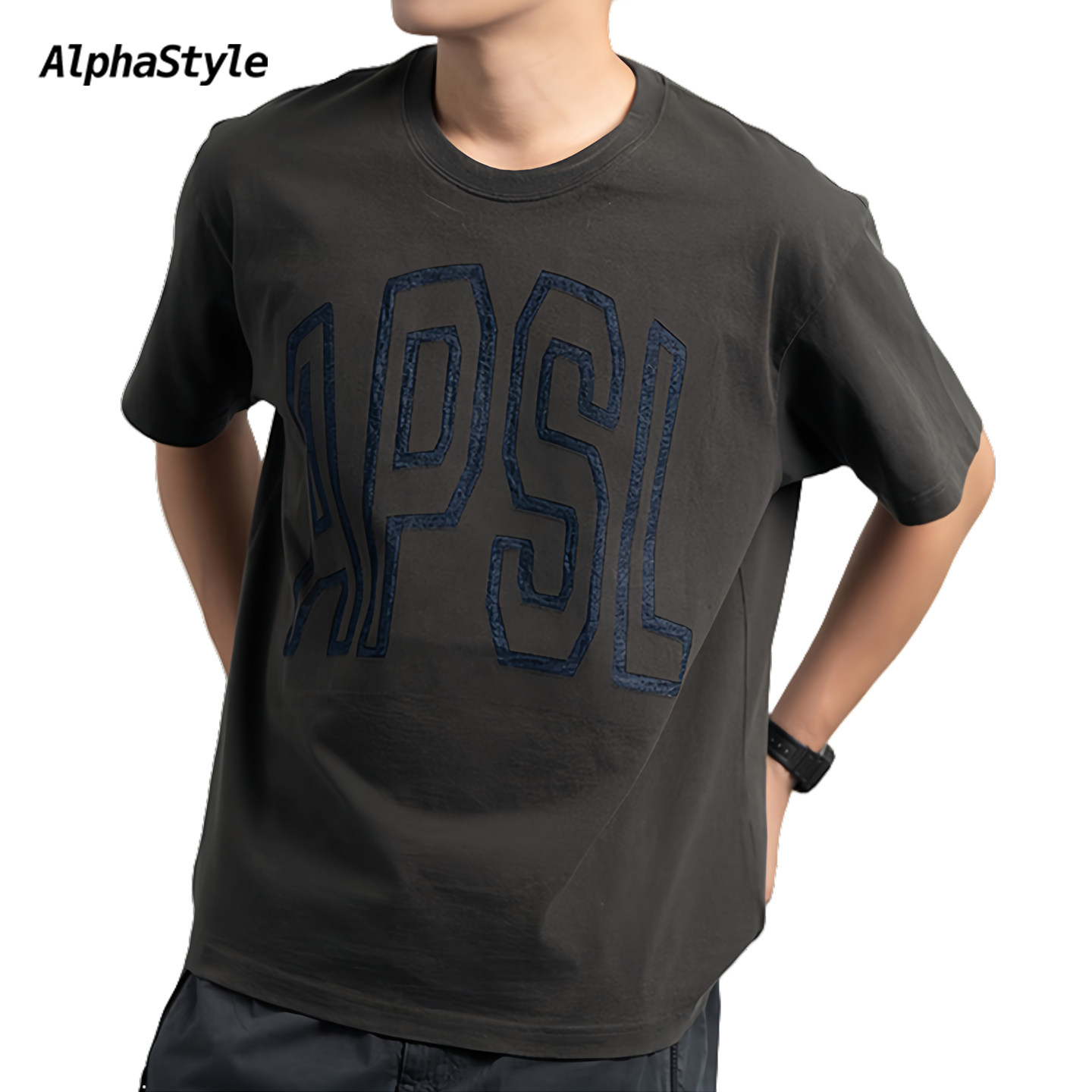 AlphaStyle夏季牛仔贴布T恤镭雕