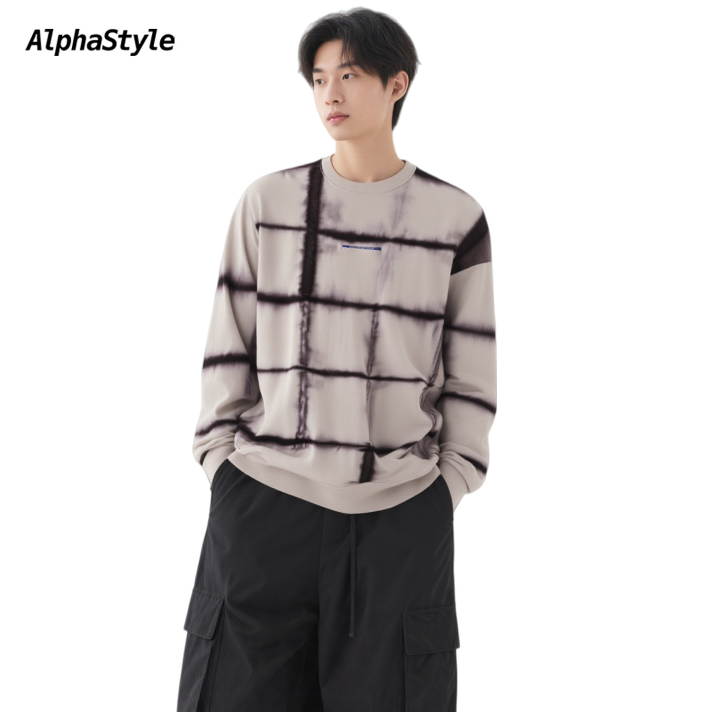 AlphaStyle秋冬染色格子套头卫衣