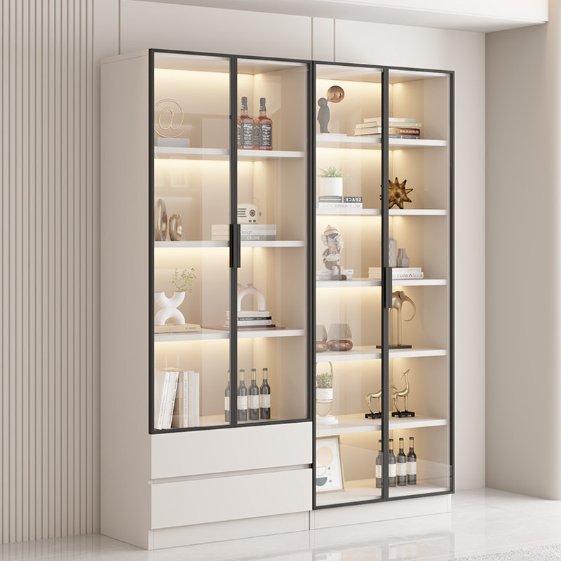书柜落地置物架带玻璃门轻奢展示柜定制家用客厅一体靠墙组合酒柜