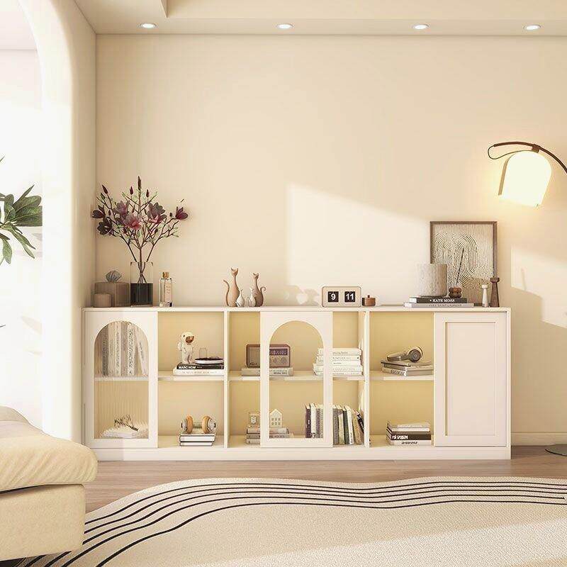 奶油风组合书柜小户型客厅家用落地矮柜带玻璃门收纳储物柜子定做