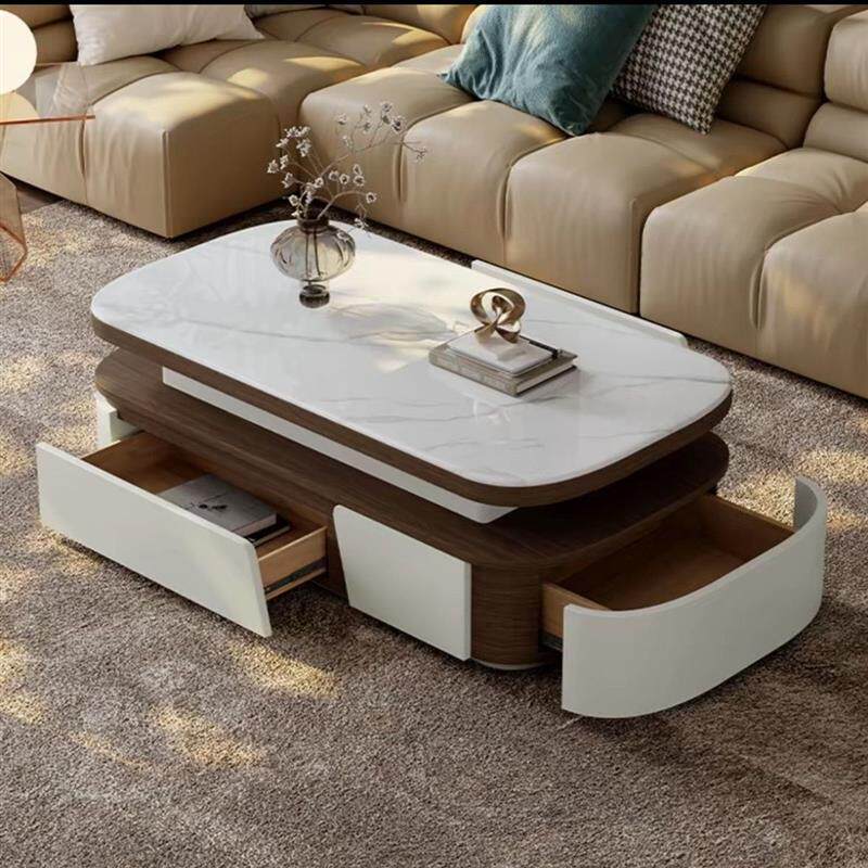 轻奢椭圆微晶石岩板茶几电视柜组合简约现代小户型茶几客厅家用