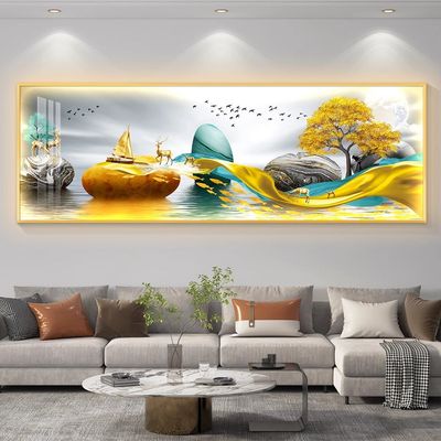 新中式客厅灯画饰画麋鹿山水挂画