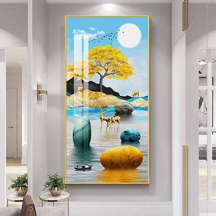 入户玄关轻奢现代高档麋鹿装饰画客厅晶瓷画走廊过道挂画玄幻壁画