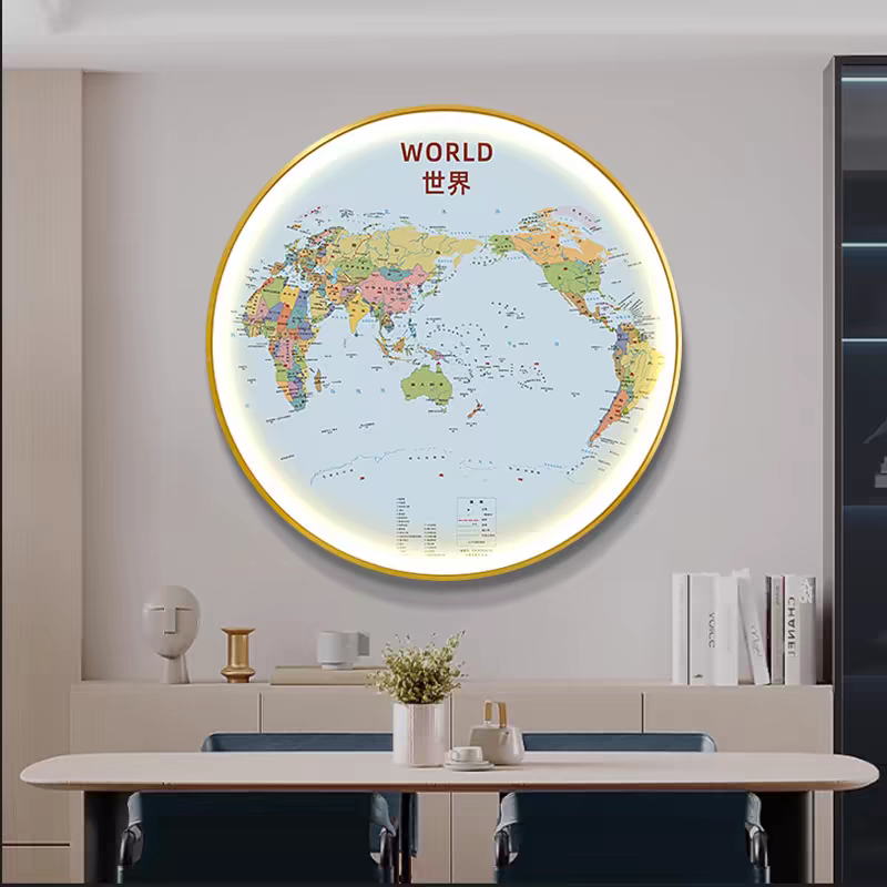世界地图中国办公室玄关书房圆形灯画装饰画客厅过道会议室墙壁画,家居饰品,现代装饰画,淘宝优惠券,粉丝福利购,淘宝优惠卷