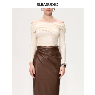 文咏珊同款设计师品牌SIJIA秋冬交叉一字领多褶皱打底衣白